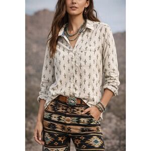 Style & Co Women's Cotton Cactus Button Up Shirt Roll Tab/Long Sleeve XL